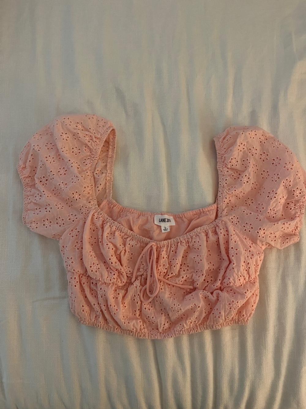 Lane Twenty-One Pink Eyelet Puff-Sleeve Crop Top